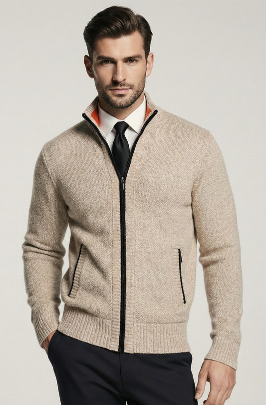 Stickad Jacka med Hög Krage och Geometriskt Mönster | Arvid – Creme