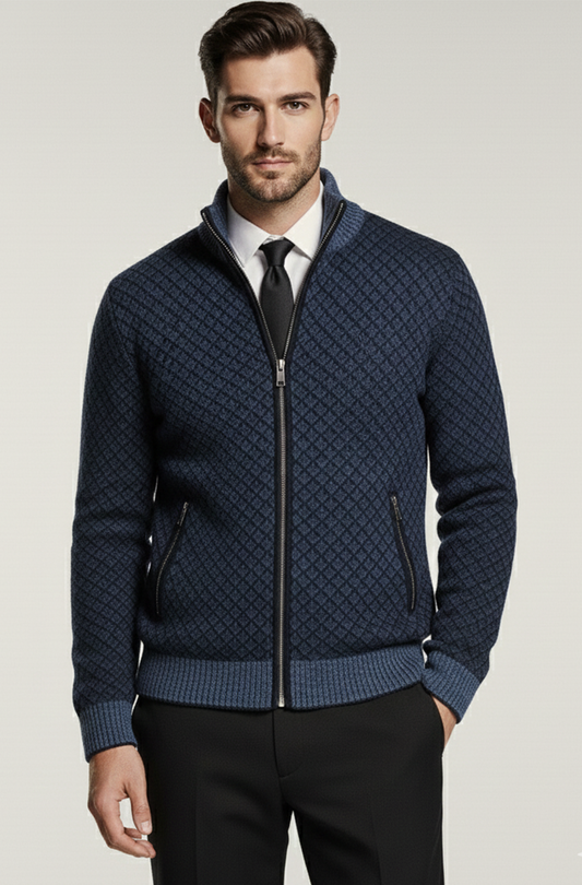 Stickad Jacka med Hög Krage och Geometriskt Mönster | Henrik – Marinblå