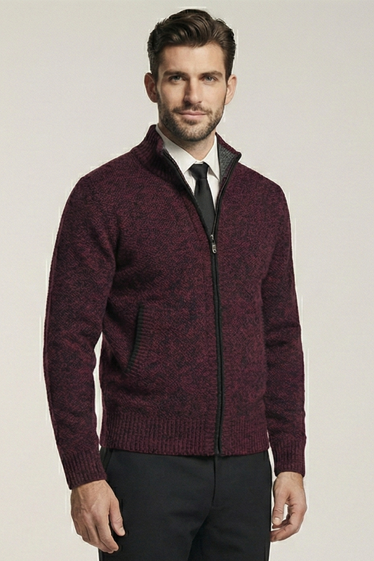 Stickad Jacka med Hög Krage och Geometriskt Mönster | Kasper – Vinröd