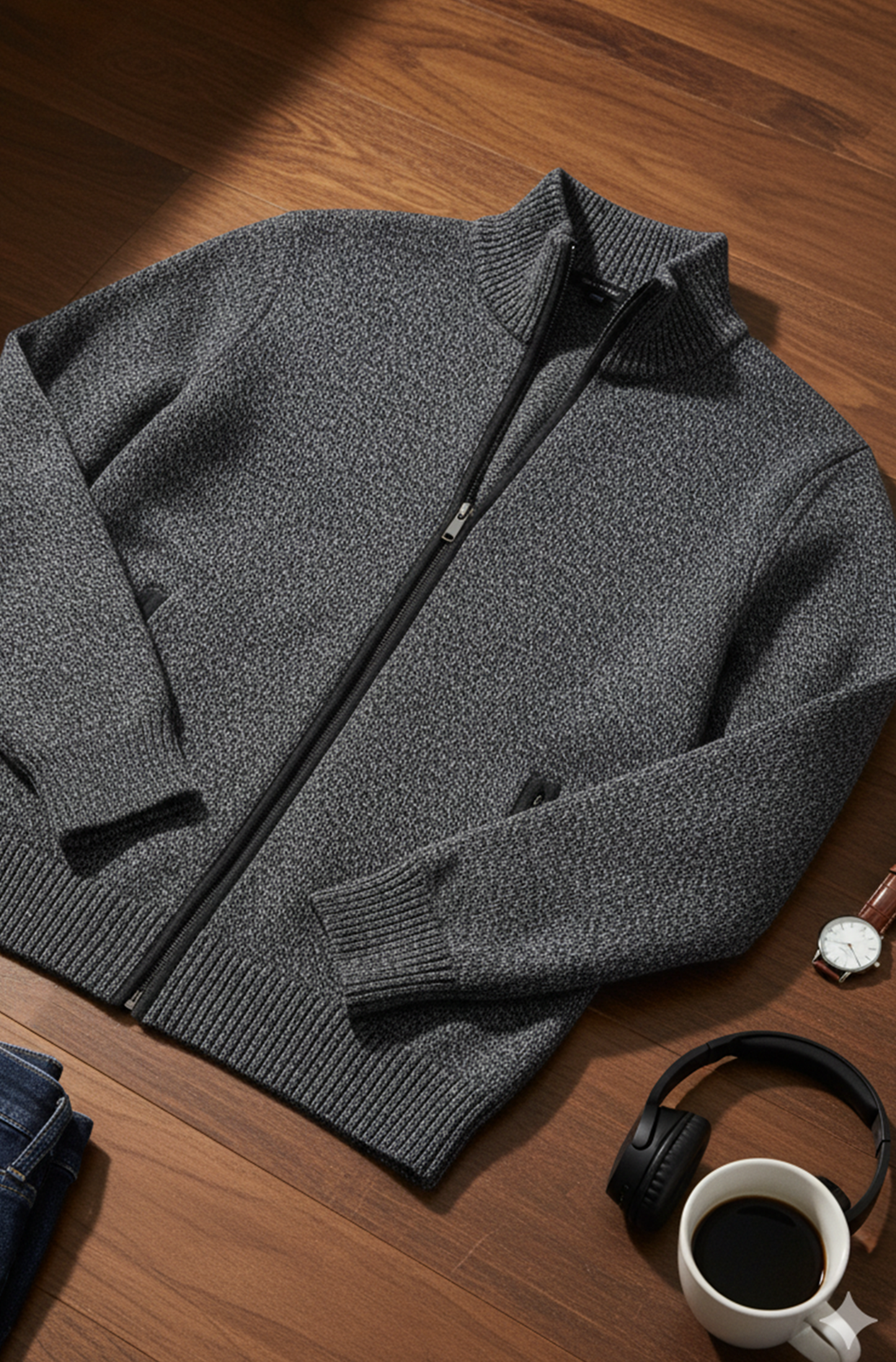 Stickad Jacka med Hög Krage och Geometriskt Mönster | Mats – Mörkgrå