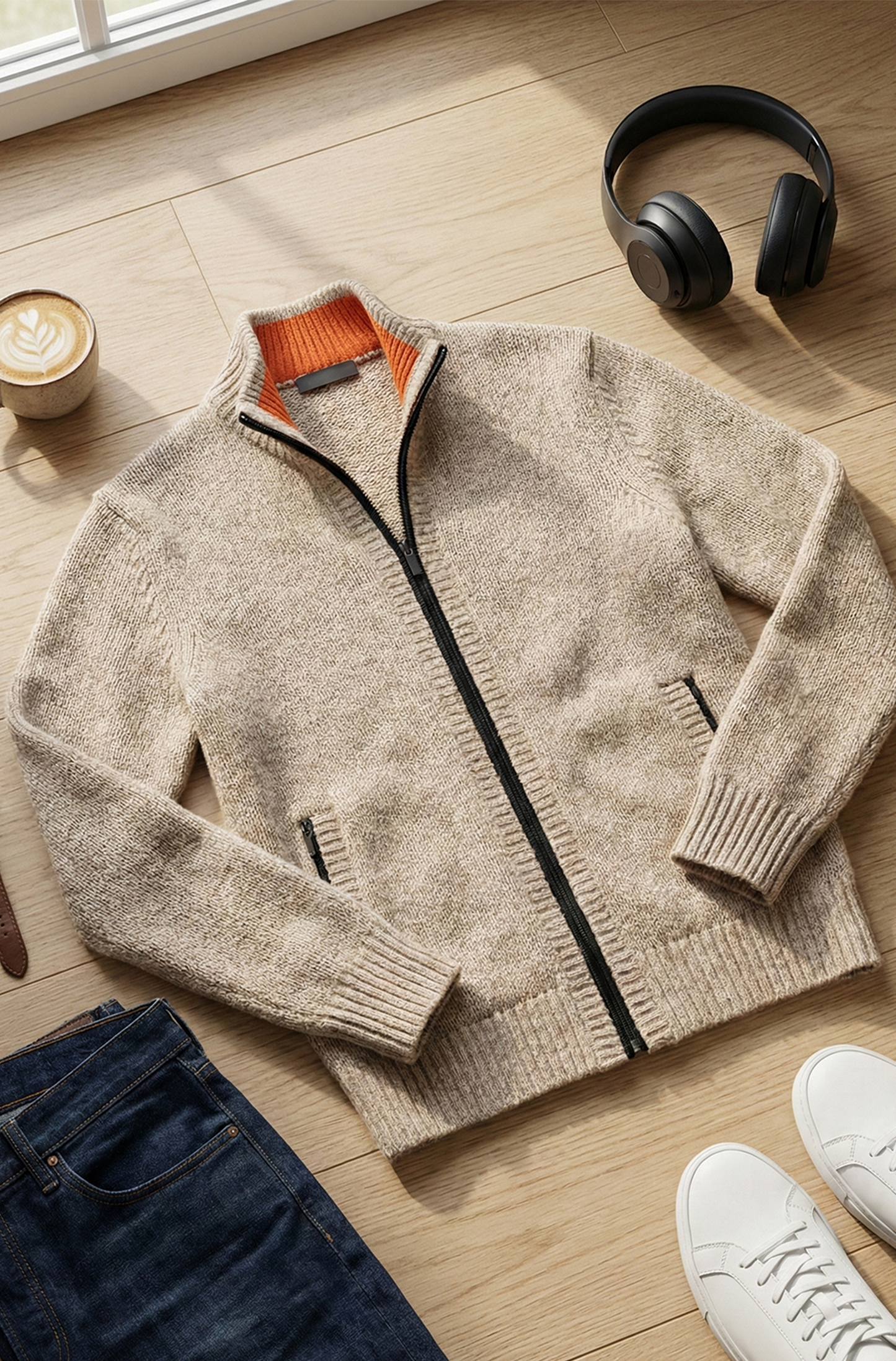 Stickad Jacka med Hög Krage och Geometriskt Mönster | Arvid – Creme