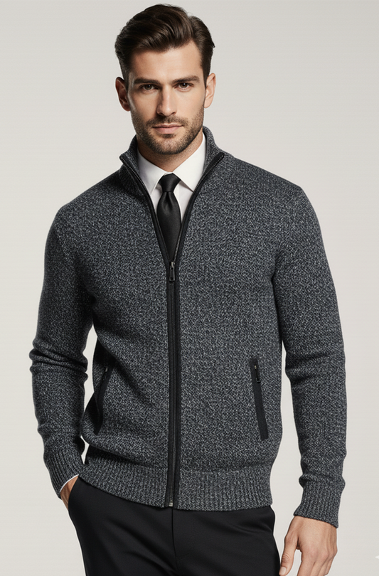 Stickad Jacka med Hög Krage och Geometriskt Mönster | Mats – Mörkgrå