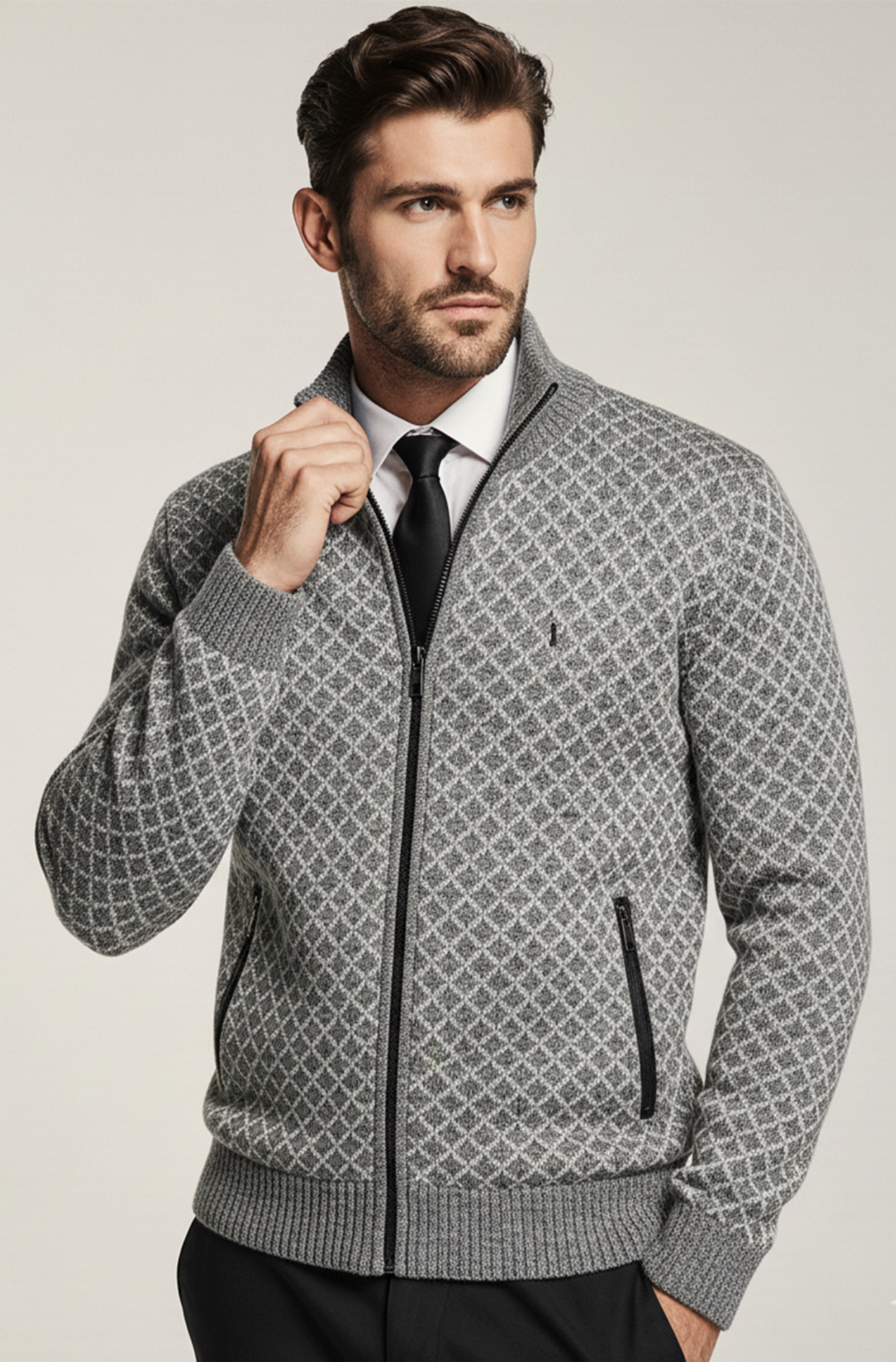 Stickad Jacka med Hög Krage och Geometriskt Mönster | Lennart – Grå