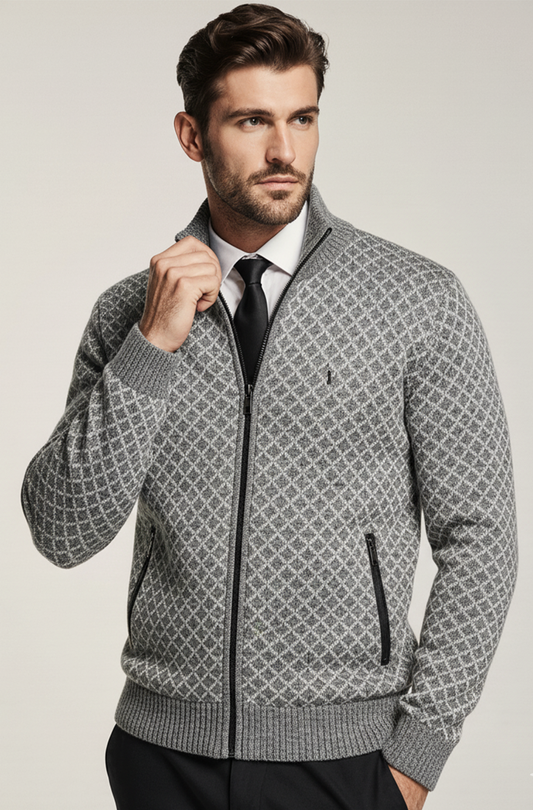 Stickad Jacka med Hög Krage och Geometriskt Mönster | Lennart – Grå
