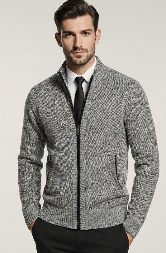 Stickad Jacka med Hög Krage och Geometriskt Mönster | Tobias – Ljusgrå