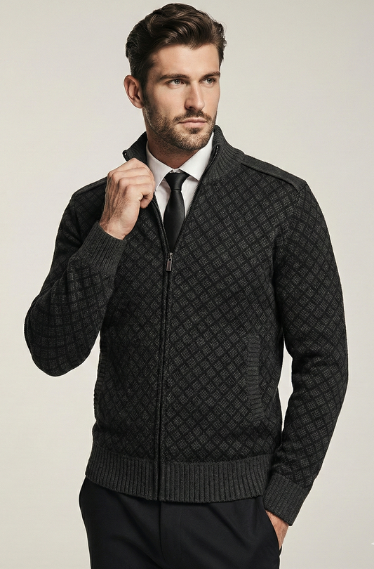 Stickad Jacka med Hög Krage och Geometriskt Mönster | Johan – Svart