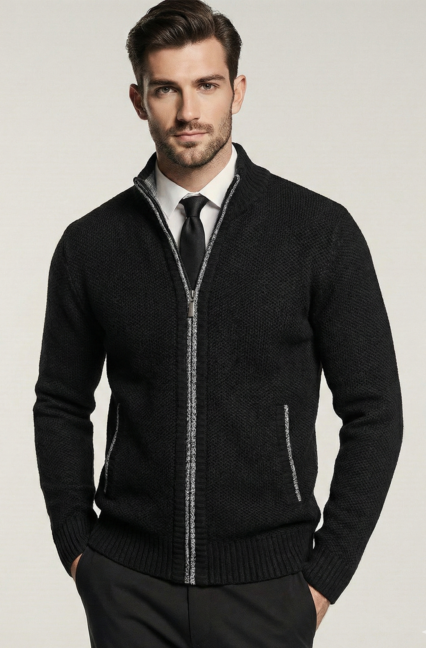 Stickad Jacka med Hög Krage och Geometriskt Mönster | Oskar – Charcoal Svart