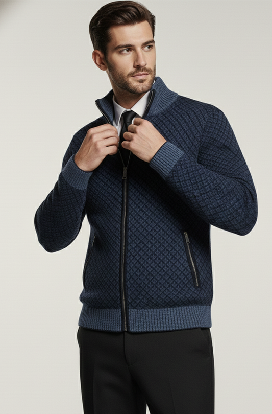 Stickad Jacka med Hög Krage och Geometriskt Mönster | Henrik – Marinblå