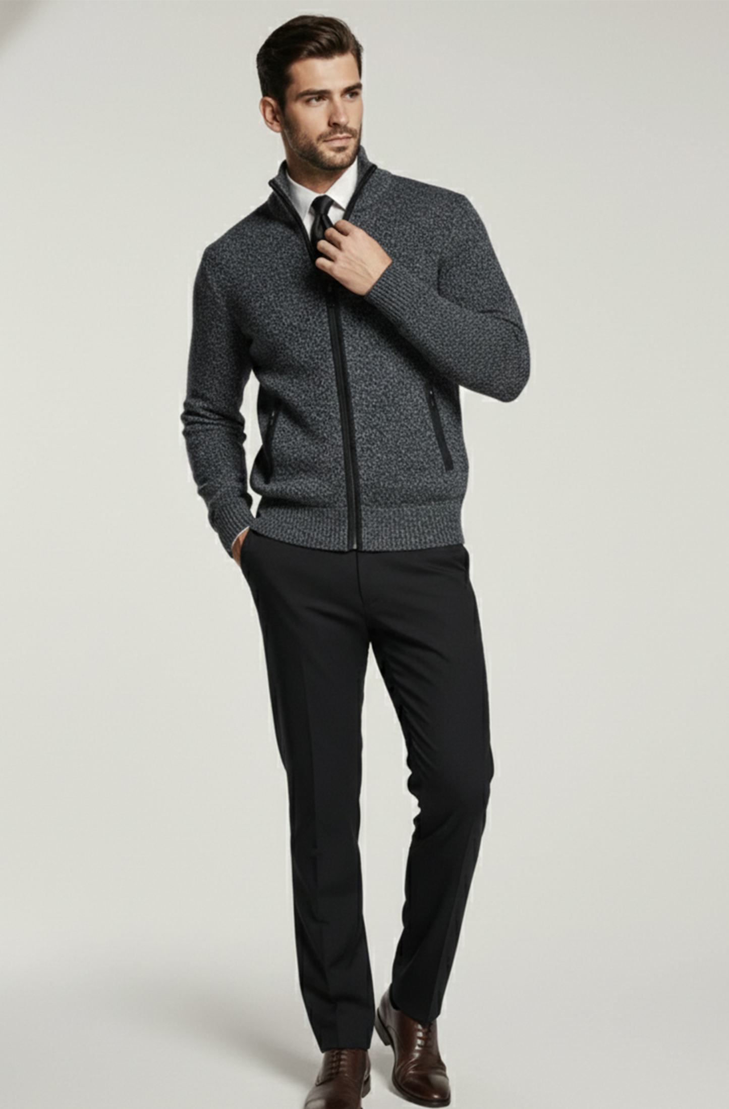 Stickad Jacka med Hög Krage och Geometriskt Mönster | Mats – Mörkgrå