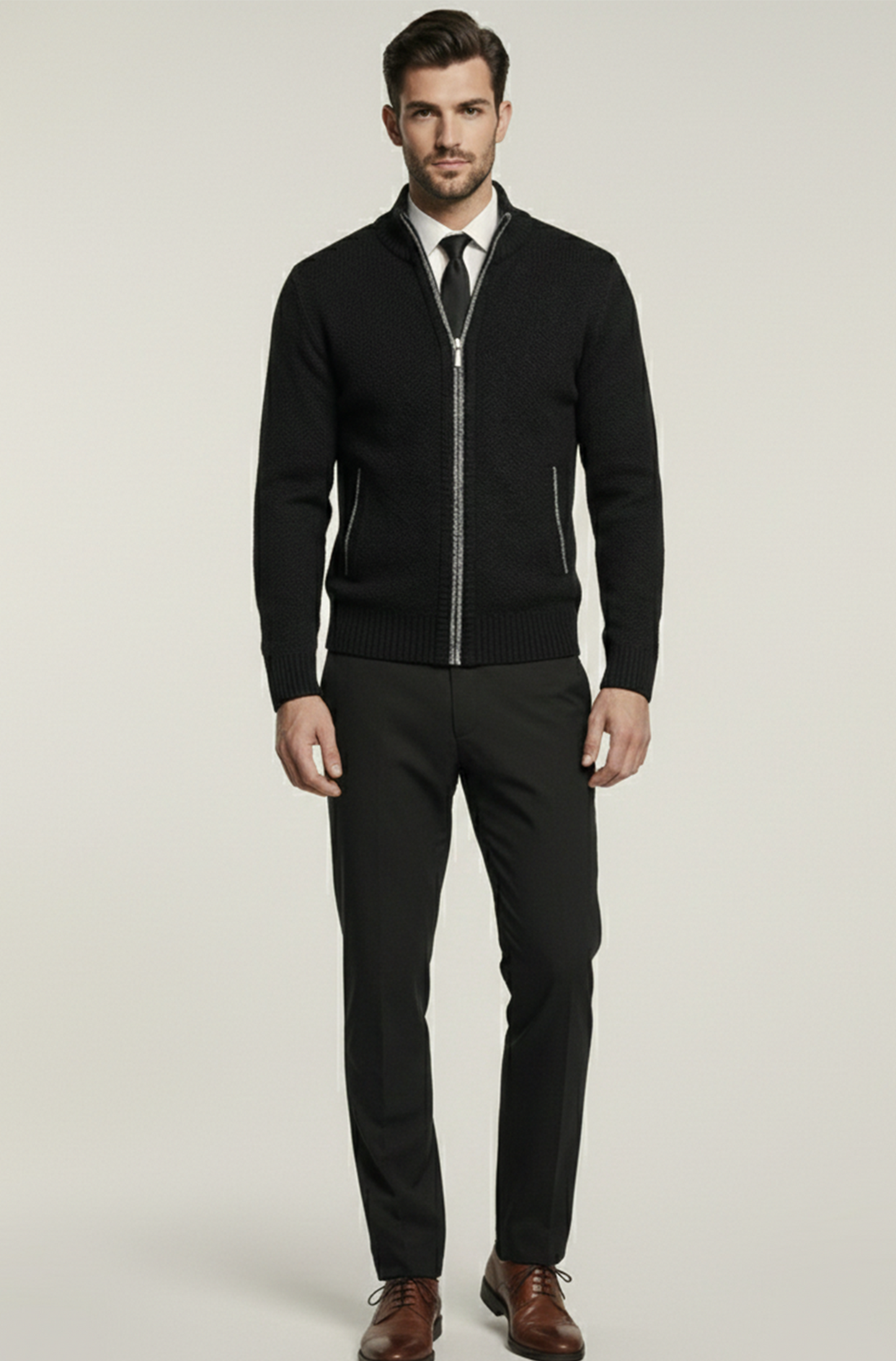 Stickad Jacka med Hög Krage och Geometriskt Mönster | Oskar – Charcoal Svart