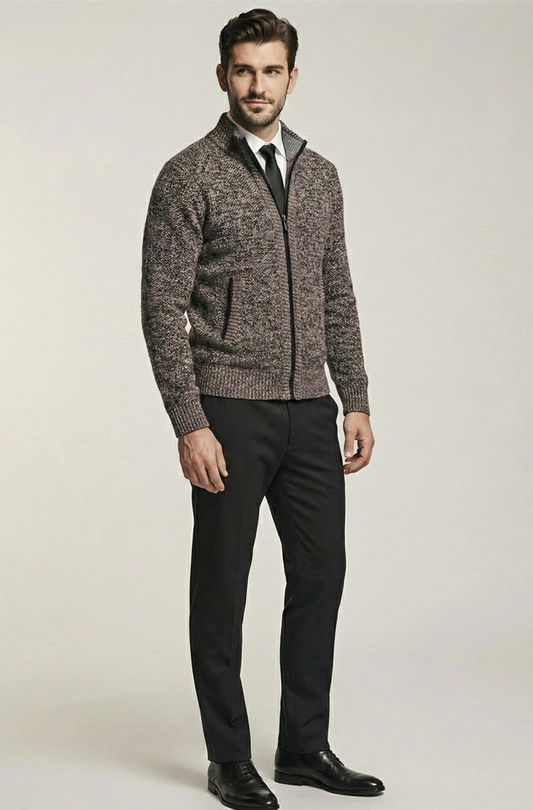 Stickad Jacka med Hög Krage och Geometriskt Mönster | Viktor – Brun