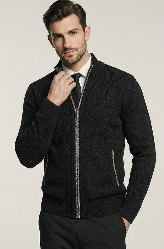 Stickad Jacka med Hög Krage och Geometriskt Mönster | Oskar – Charcoal Svart