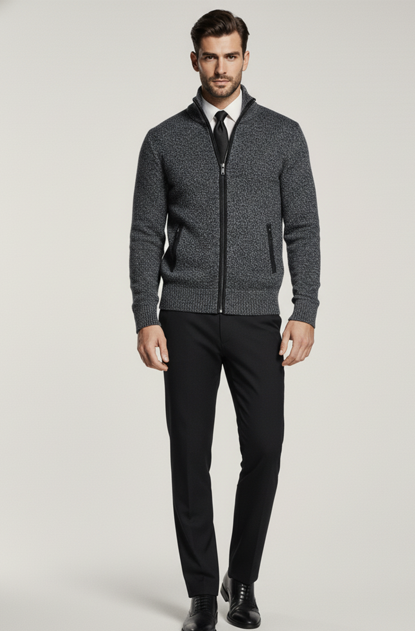 Stickad Jacka med Hög Krage och Geometriskt Mönster | Mats – Mörkgrå