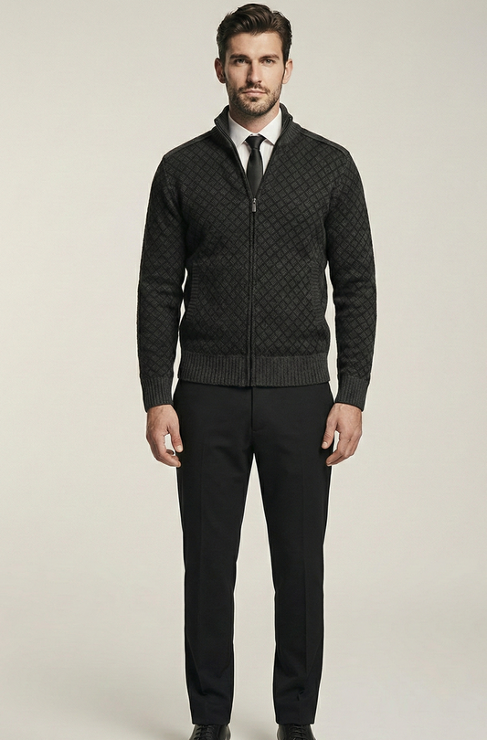 Stickad Jacka med Hög Krage och Geometriskt Mönster | Johan – Svart