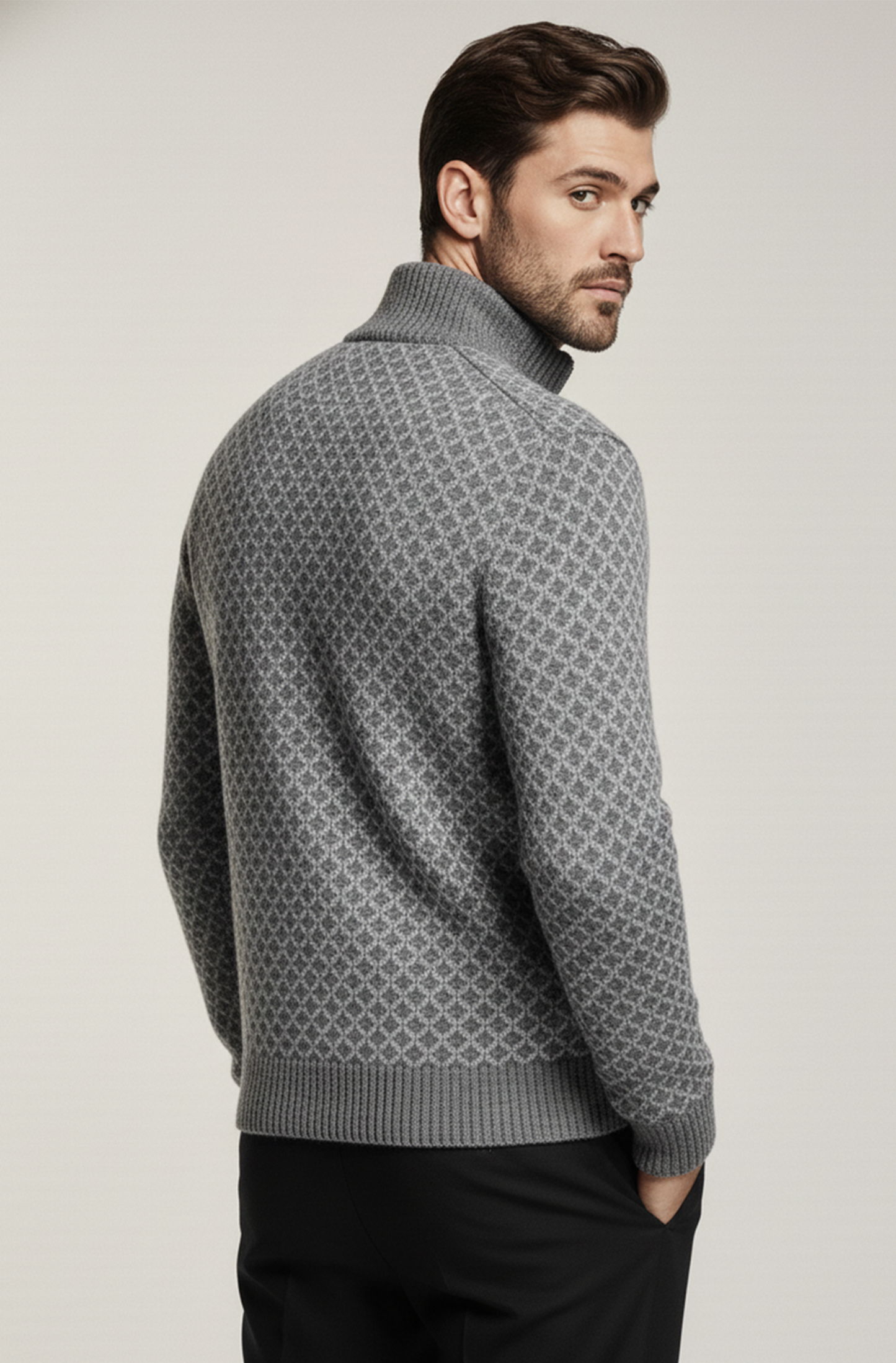 Stickad Jacka med Hög Krage och Geometriskt Mönster | Lennart – Grå