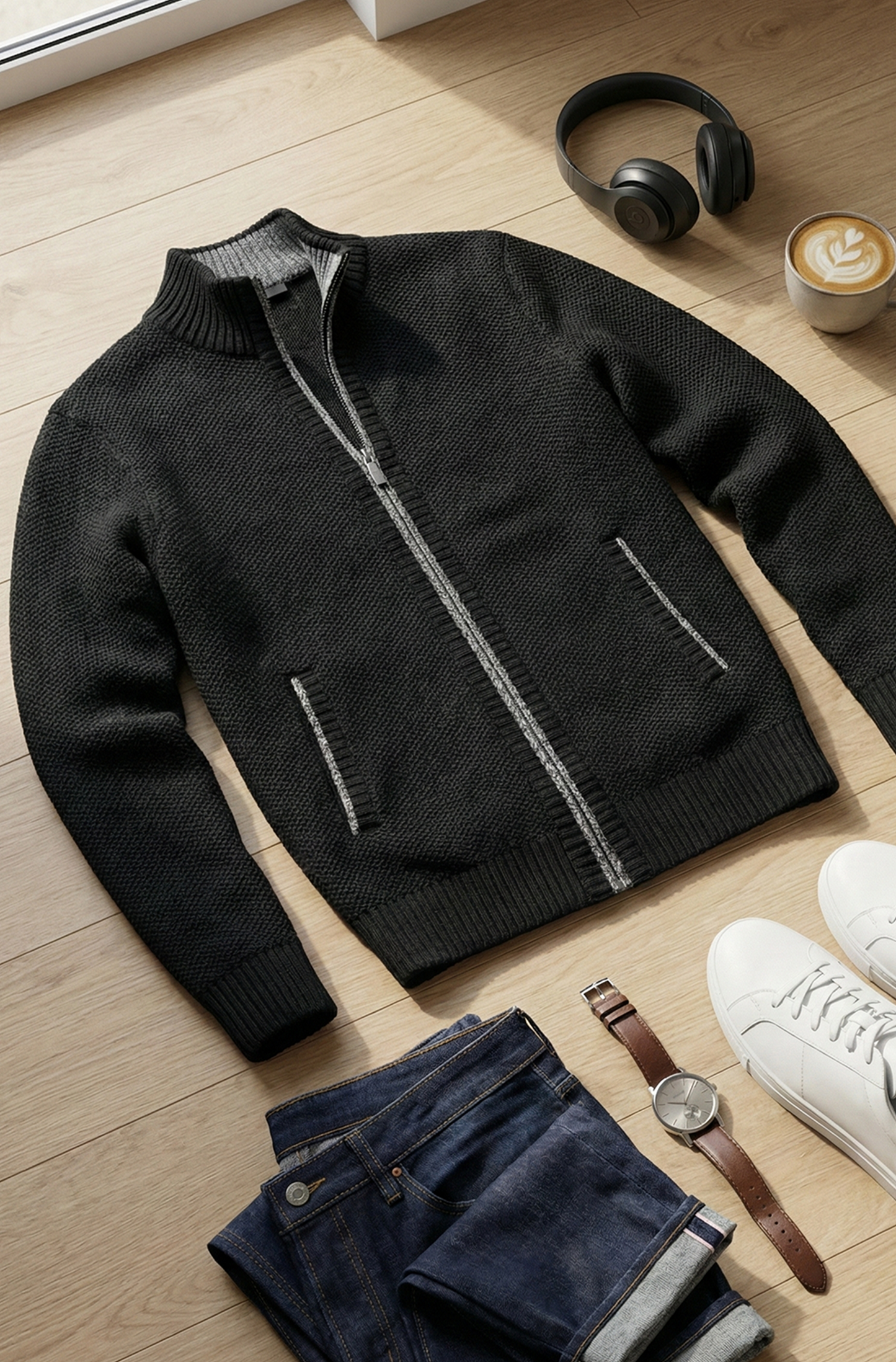 Stickad Jacka med Hög Krage och Geometriskt Mönster | Oskar – Charcoal Svart