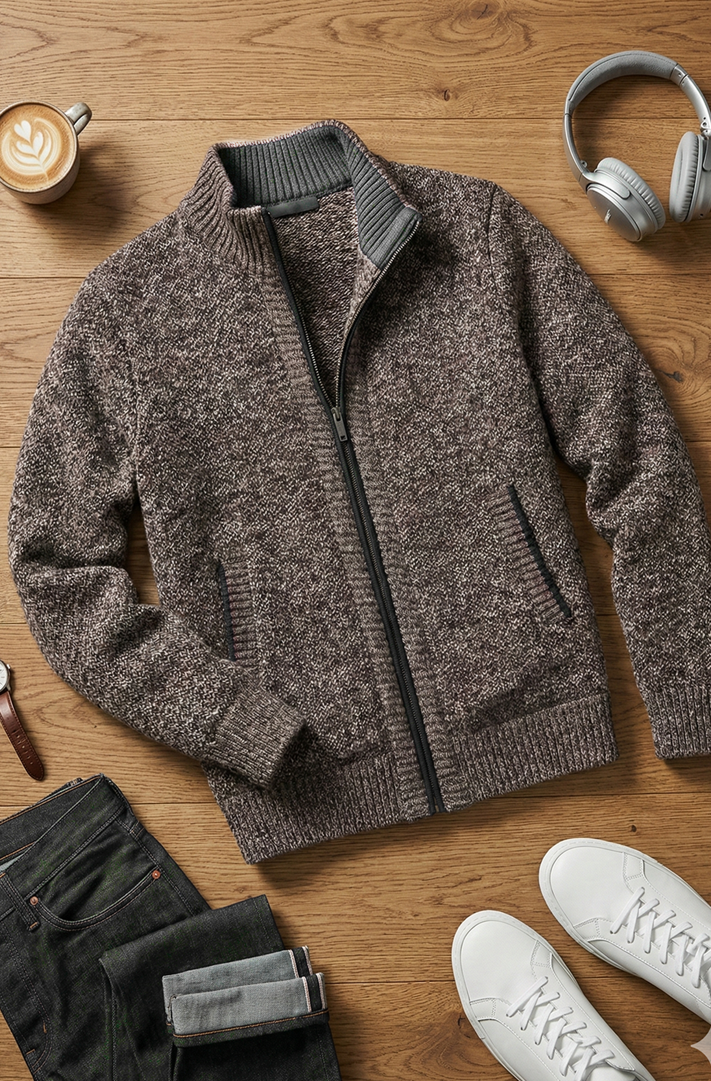 Stickad Jacka med Hög Krage och Geometriskt Mönster | Viktor – Brun