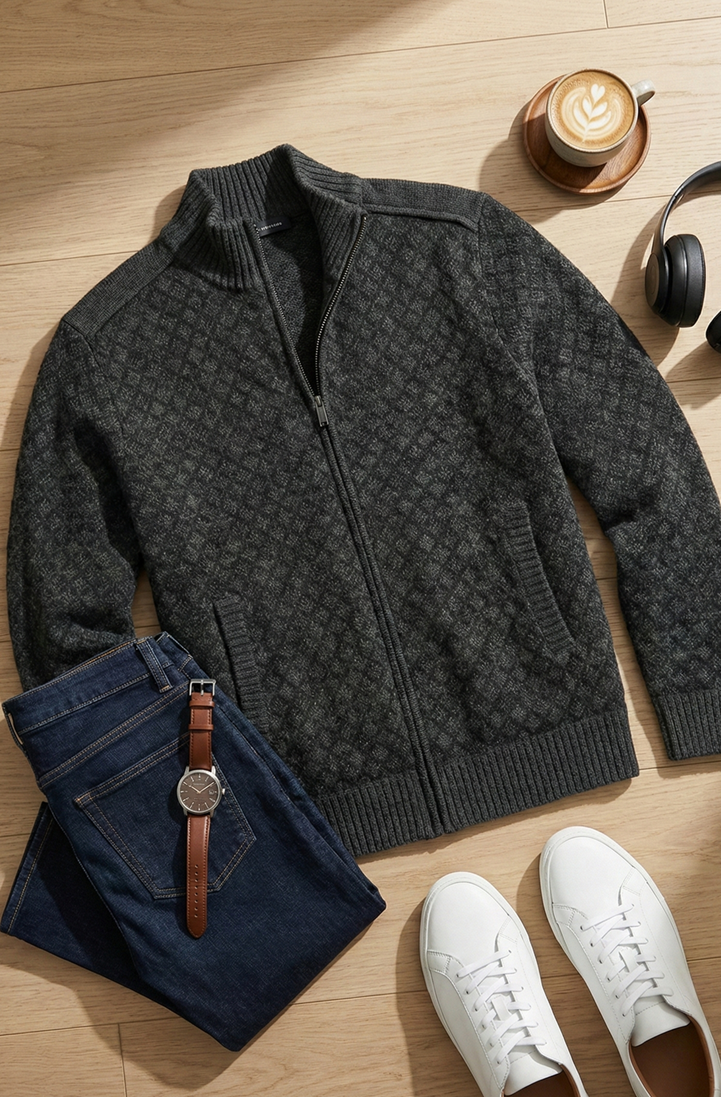 Stickad Jacka med Hög Krage och Geometriskt Mönster | Johan – Svart