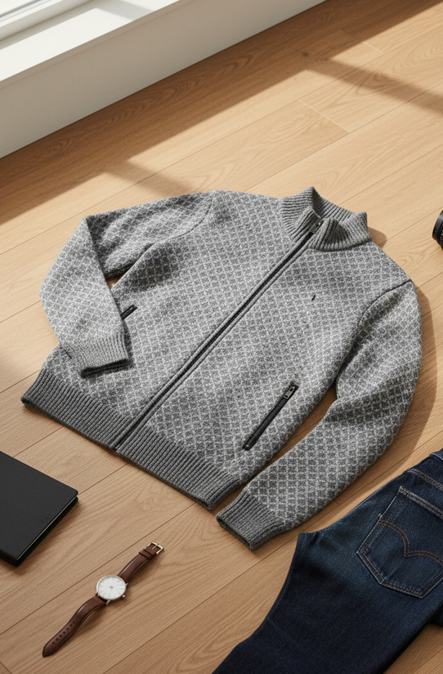 Stickad Jacka med Hög Krage och Geometriskt Mönster | Lennart – Grå