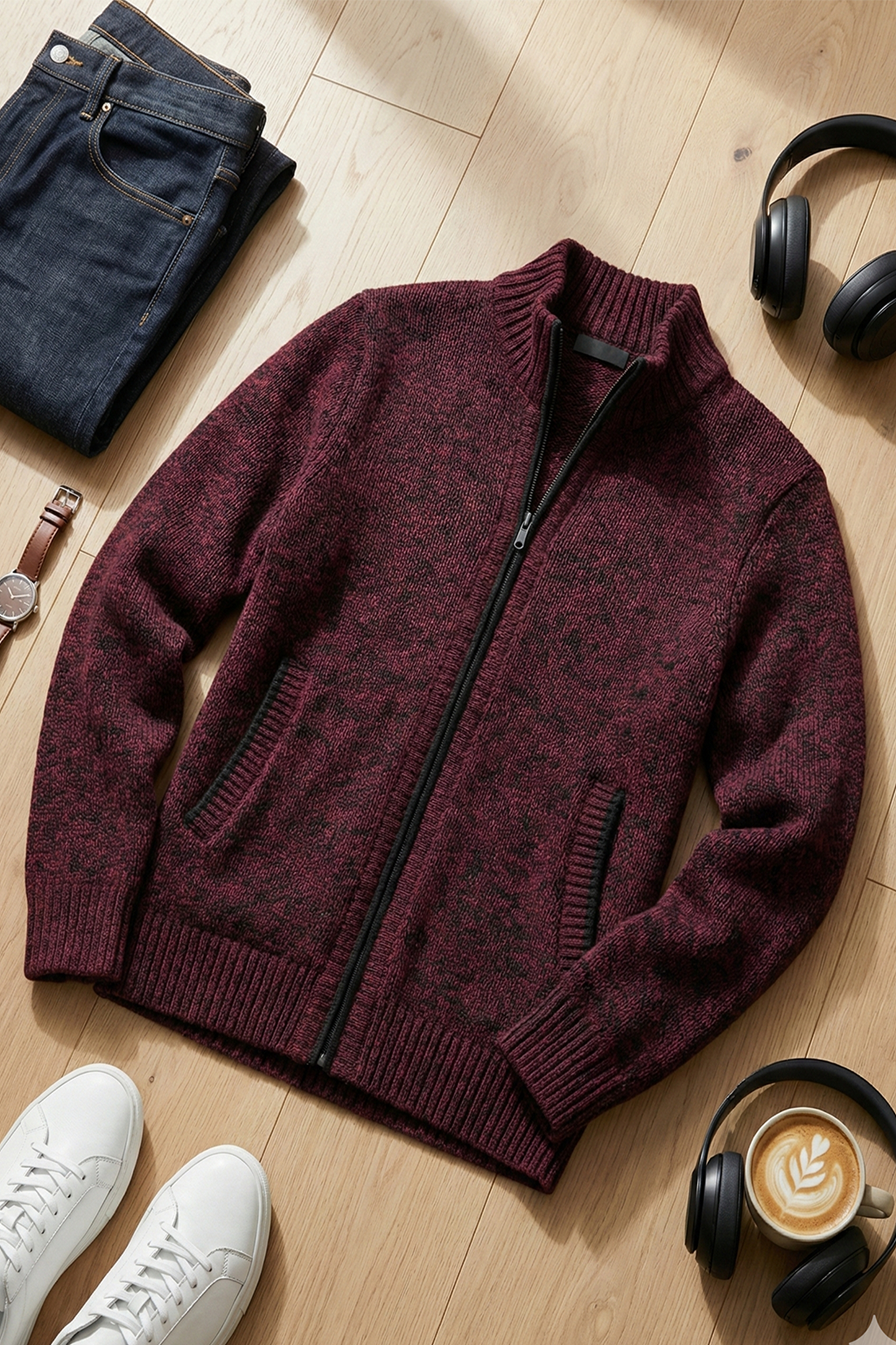 Stickad Jacka med Hög Krage och Geometriskt Mönster | Kasper – Vinröd