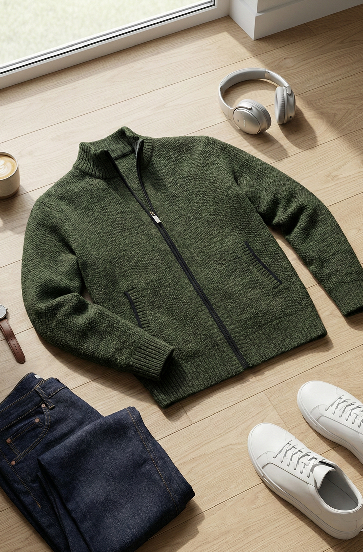 Stickad Jacka med Hög Krage och Geometriskt Mönster | Emil – Mörkgrön